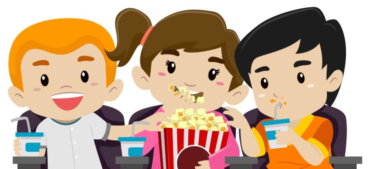 Dibujo vectorial de niños sentados para ver una película.